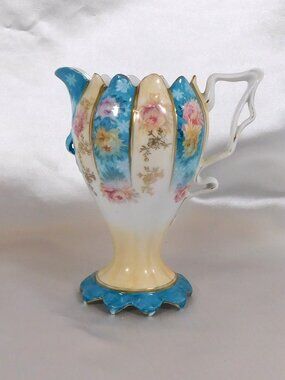 Footed Aqua and Cream Floral Creamer # 25834